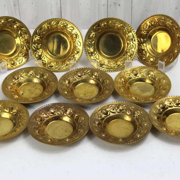 Vintage Set of 11 Small 4" Brass Finish Saucer Plates Embossed Roses and Leaves - Picture 1 of 9
